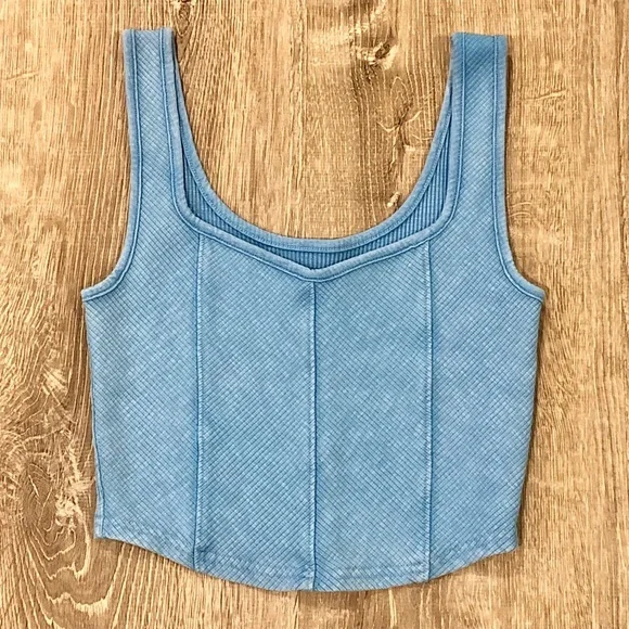 Aerie Blue Ribbed Crop Tank Top Small Fitted Stretch Casual Athleisure - Picture 1 of 2